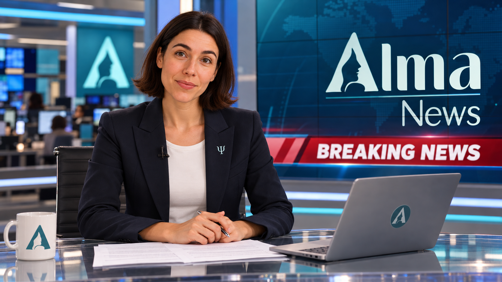 Alma News — âncora em estúdio de notícias